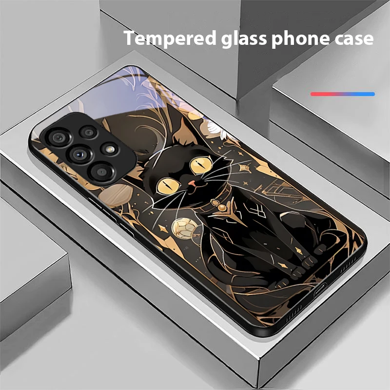 Black Gold Cat Design Tempered Glass Phone Case with Hard Shell