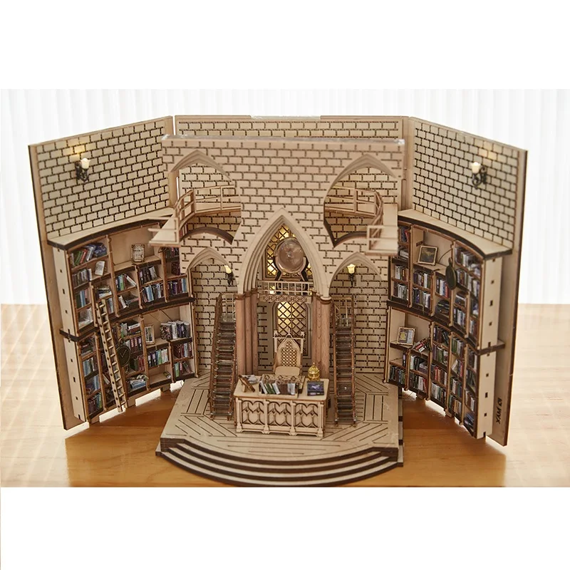 DIY Book Nook Insert Shelf Kits Assembled Wooden Miniature Building Kit Magic Principal's Office Bookend Bookshelf Home Decor