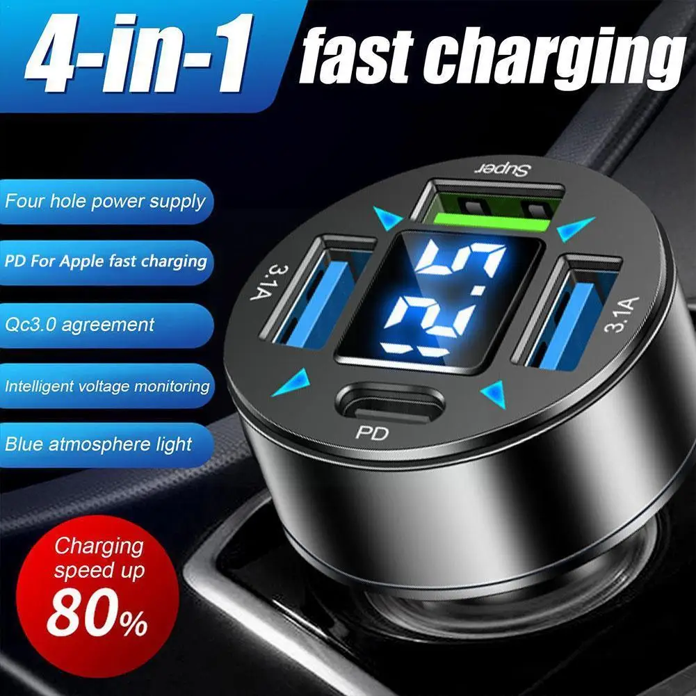 4 in 1 Car Charger Fast Charging QC3.0 USB PD Phone Interior Portable Charger Adapter Automotive Accessories C9K7 внешний аккумулятор wireless fast charging белый