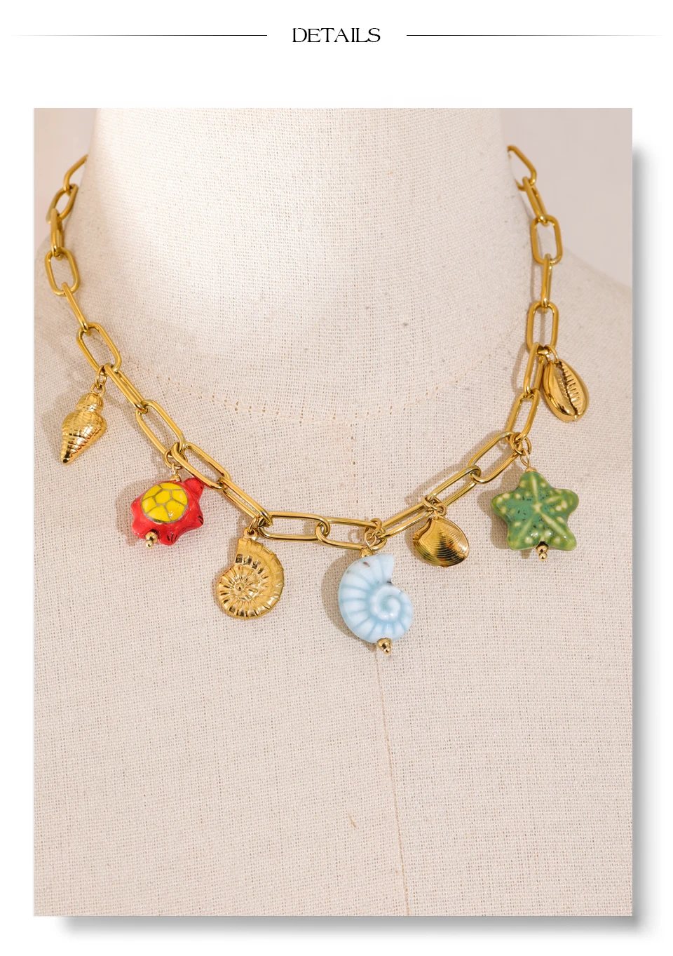 Yhpup Ozean-Stil, exquisite Keramik-Muschel, Seestern, Schildkröte, Tropfen, goldene Halskette für Damen, Edelstahl, trendiger Schmuck – Detail 14