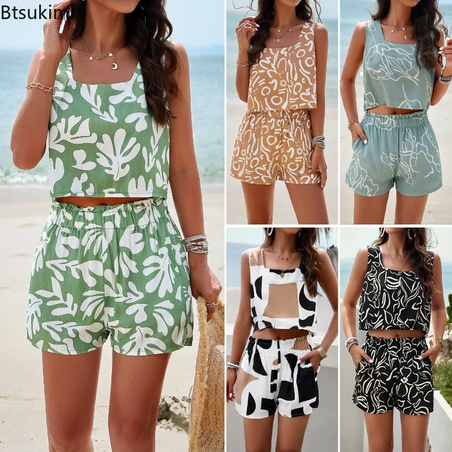 

2024 Summer Casual Printed Two Piece Sets Women's Sleeveless Cropped Tops and Shorts Suit Fashion Ladies Beach Vacation Outfits