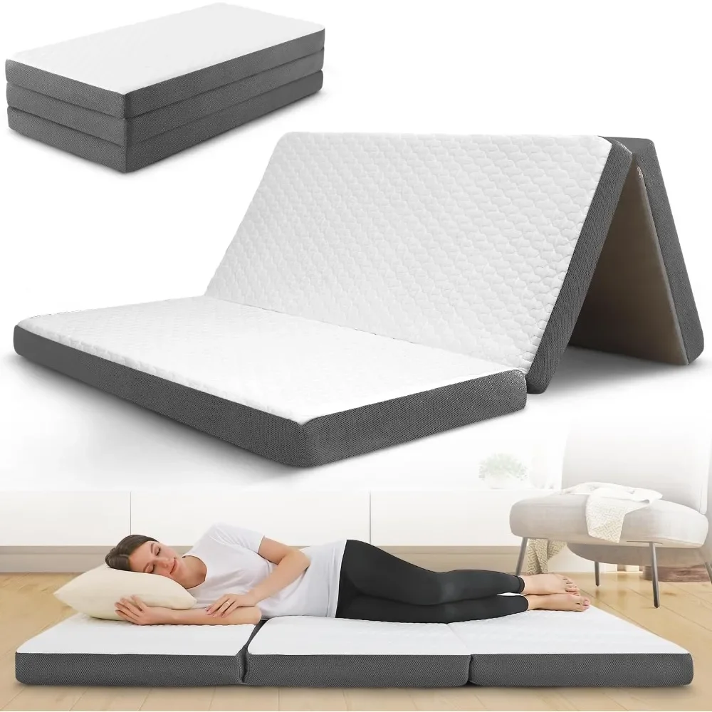 Tri Folding Mattress with Memory Foam Layer - 4 Inch Trifold Foldable Bed Mattress with Washable Cover | Full Size 75" x 54" x 4