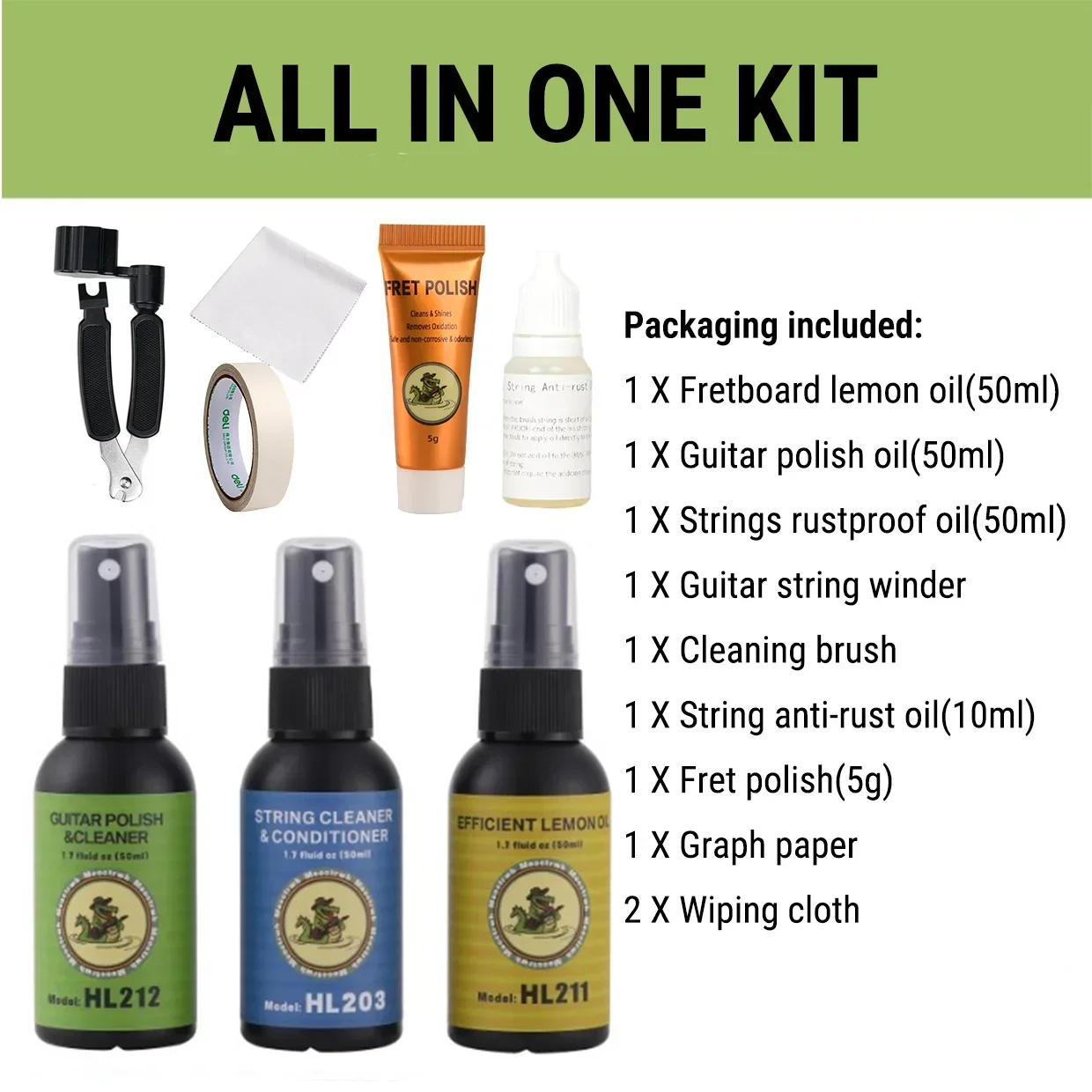 Guitar Cleaning All IN ONE Kit Fretboard Lemon Oil Polish String Cleaner String Winder Cleaning Maintenance