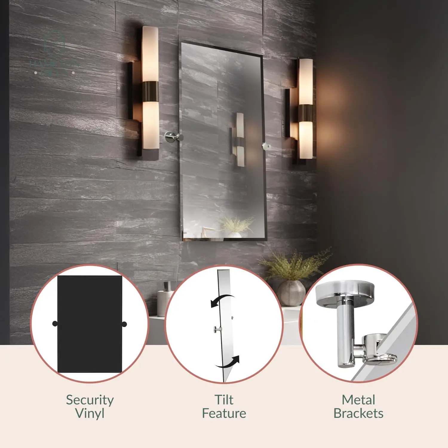 24x36" Frameless Pivot Mirror. Adjustable Rectangular. Wall-Mounted. Chrome Silver Brackets. Modern Kitchen, Living Room.