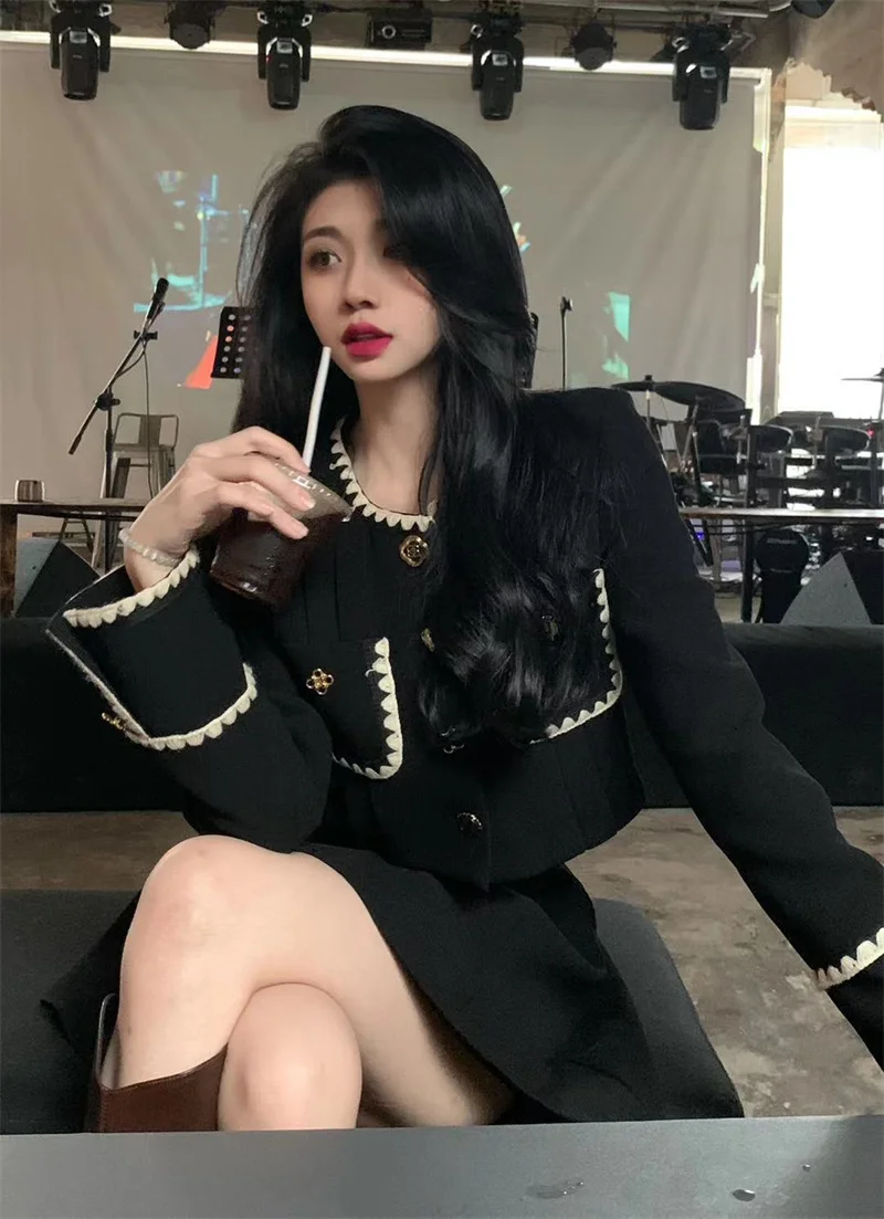 Autumn New Elegant Two-Piece Skirt Sets Women Korean Fashion Chic Crop Jacket Coat Solid Mini Skirt Female Clothing Y2K Outfits