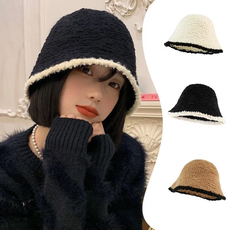 

Winter Warm Bucket Hat Knitted Plush Fisherman's Cap Y2K Thickened Fluffy Outdoor Bonnets
