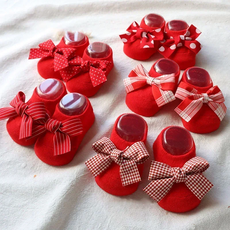 Spring Newborn Indoor Cotton Floor Socks Infant Anti Slip Bow Dot Socks Baby Girl Boys Rubber Soles Baptism Gifts