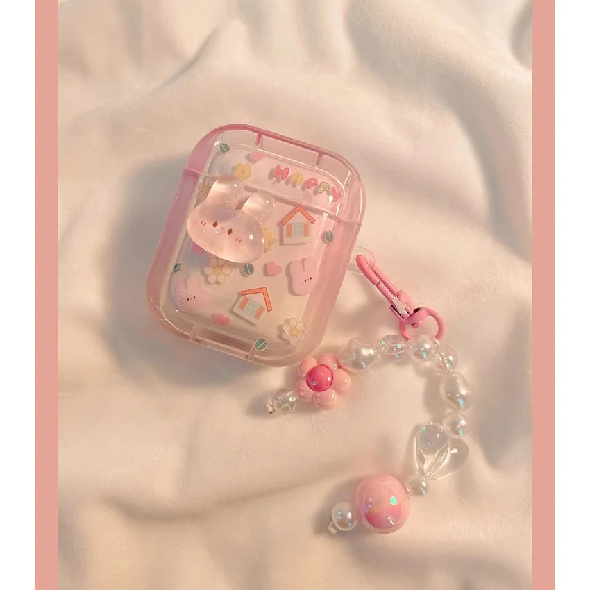 

Three-dimensional Rabbit Pink Transparent Wireless Bluetooth Earphone Case Suitable for Airpods Series Protective Case