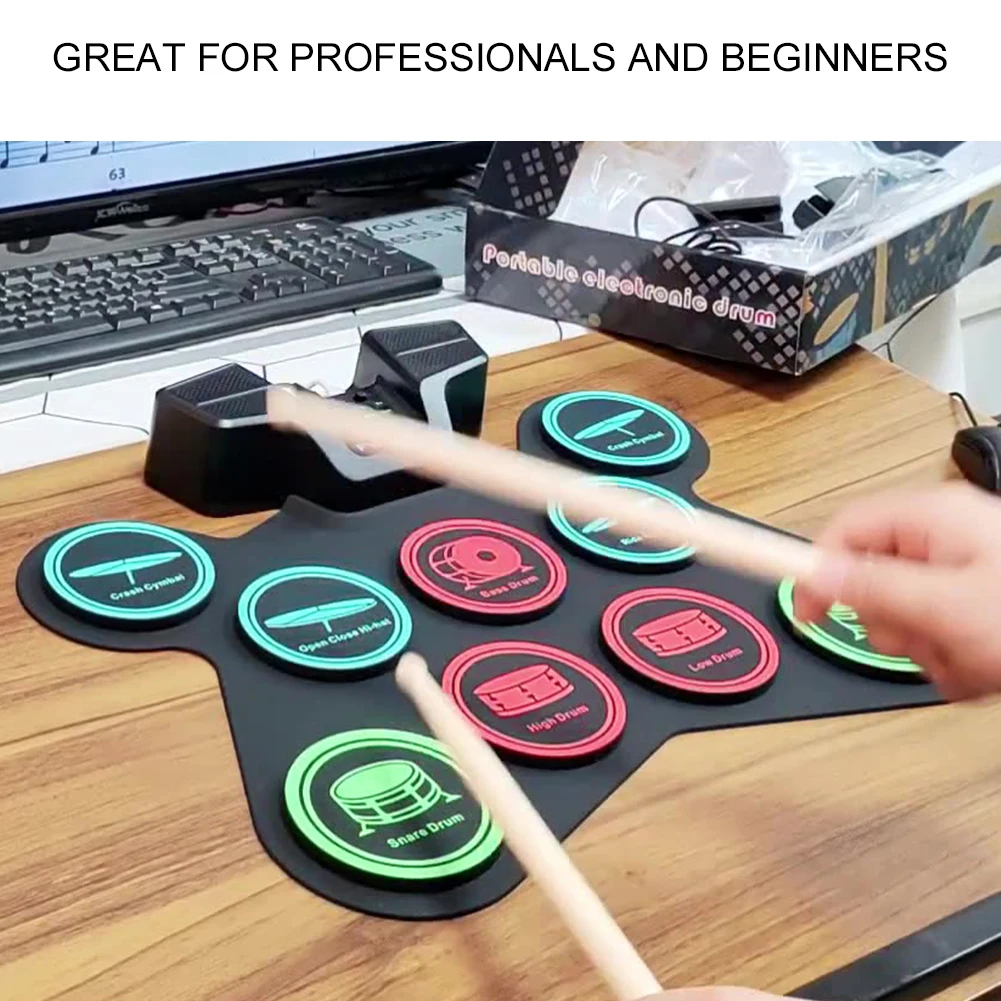 9-Pads Roll-Up Drum Pad with Built-in Speaker Roll-up Drum Kit with Pedals and Sticks Xmas Birthday Gift for Boys Girls