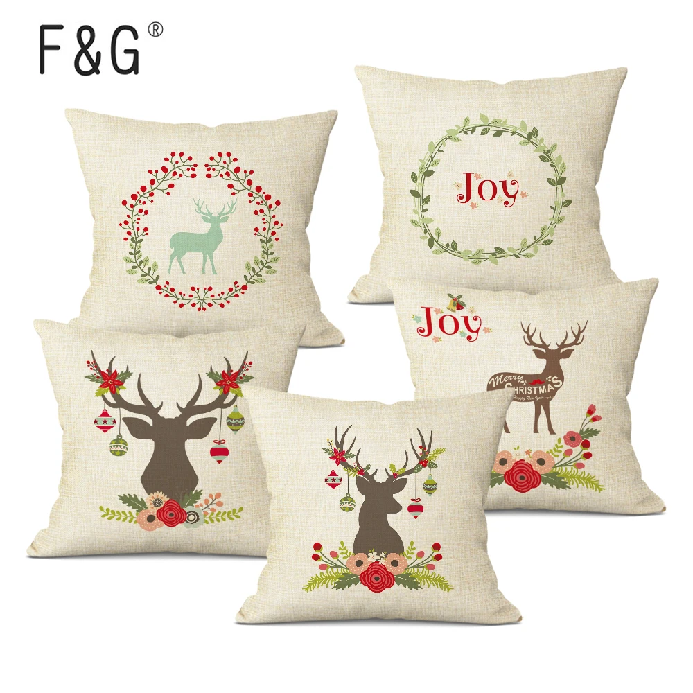 

Christmas Deer Wreath Print Cushion Cover Merry Christmas Decoration Pillow Case for Home decor Xmas New Year Gift