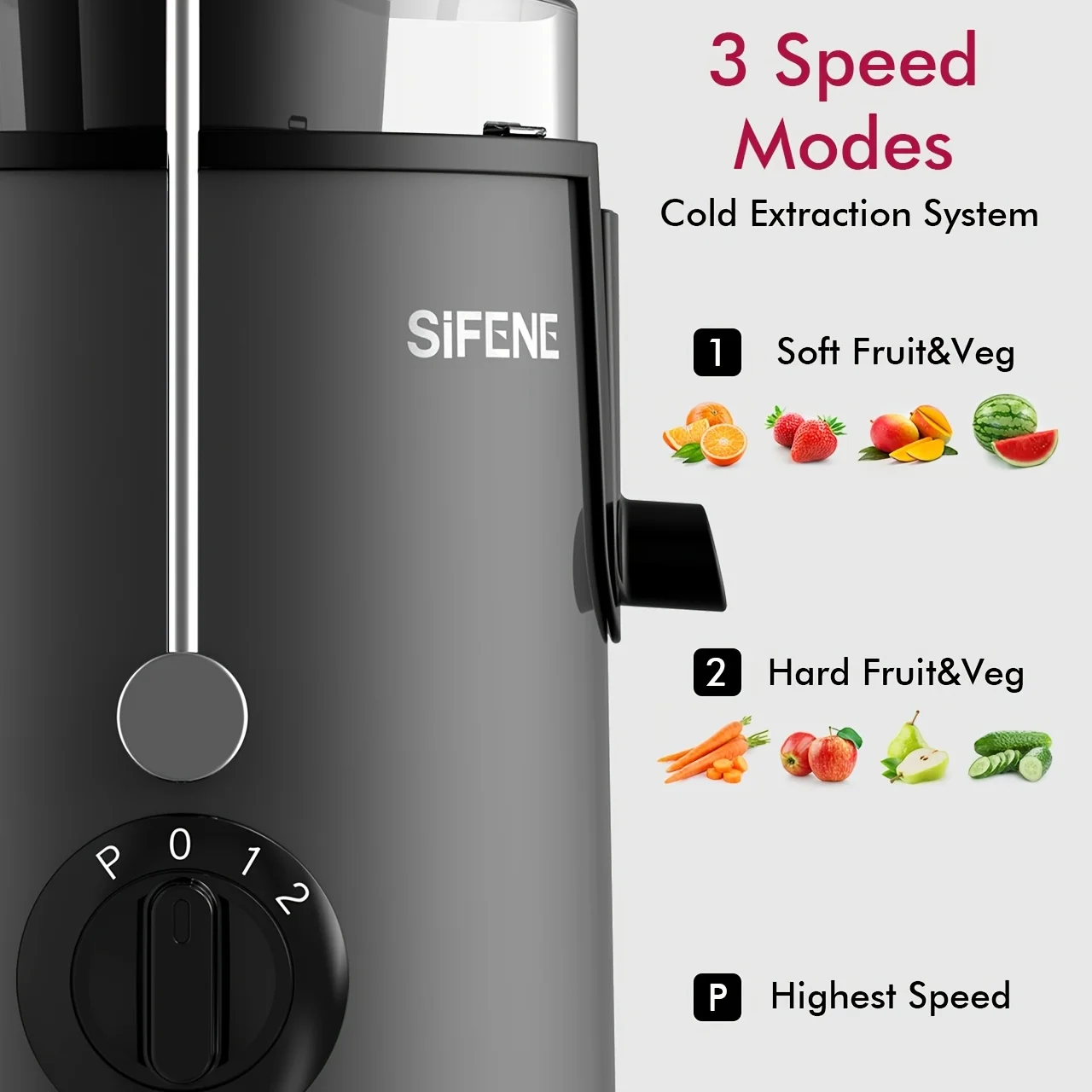 SiFENE Easy-Clean Juicer, 3" Wide Feed for Rapid Fruit and Vegetable Juicing, 3 Speed Settings, BPA-Free, Stainless Steel, Gray 2