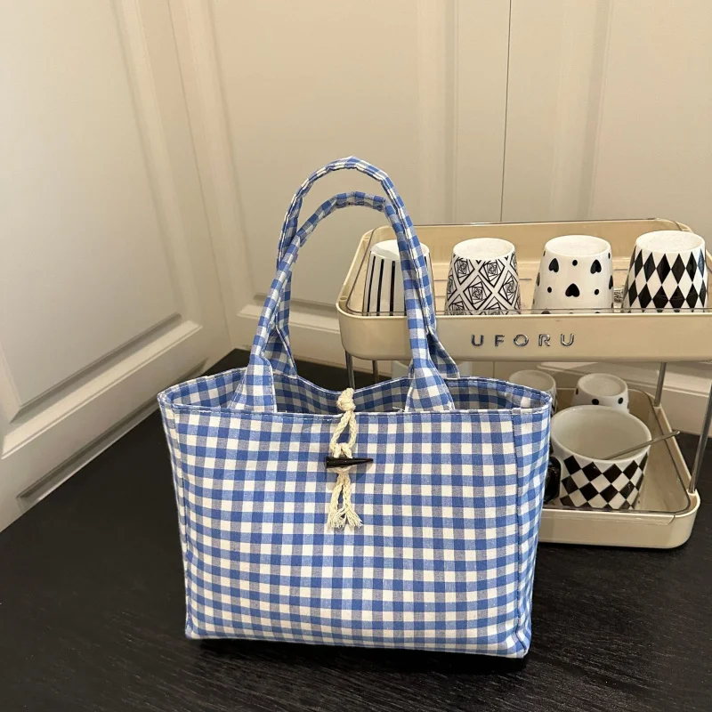 Large Capacity Student School Bag for Women New Japanese Style Harajuku Texture Handheld Tote Plaid Bag