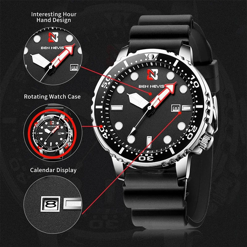 

BEN NEVIS Men Watches 30M Waterproof Quartz Movement Luxury Black Diving Water Ghost Style Wristwatch