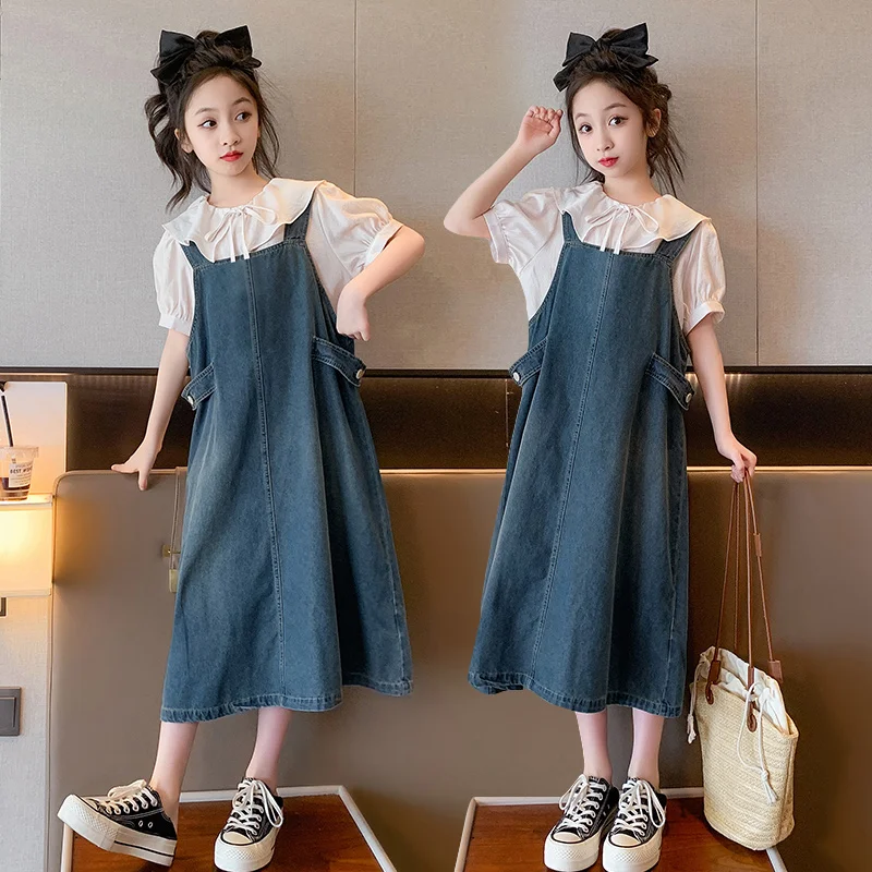 

Teenage Girl Clothing Set Puff Sleeve Blouse + Denim Skirt 2Pcs Fashion Costume Elegant Summer Princess Kids Outfits Suits