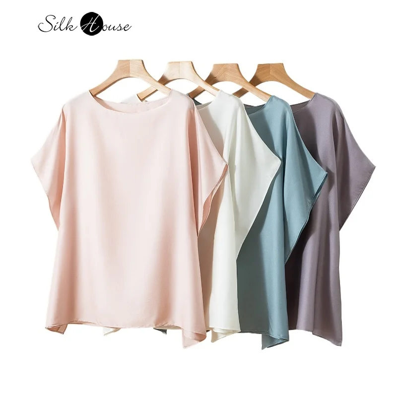 Minimalist Design 93% Natural Mulberry Silk Elastic Double Qiao Satin Batwing Sleeve Loose Round Neck Women's Casual T-shirt