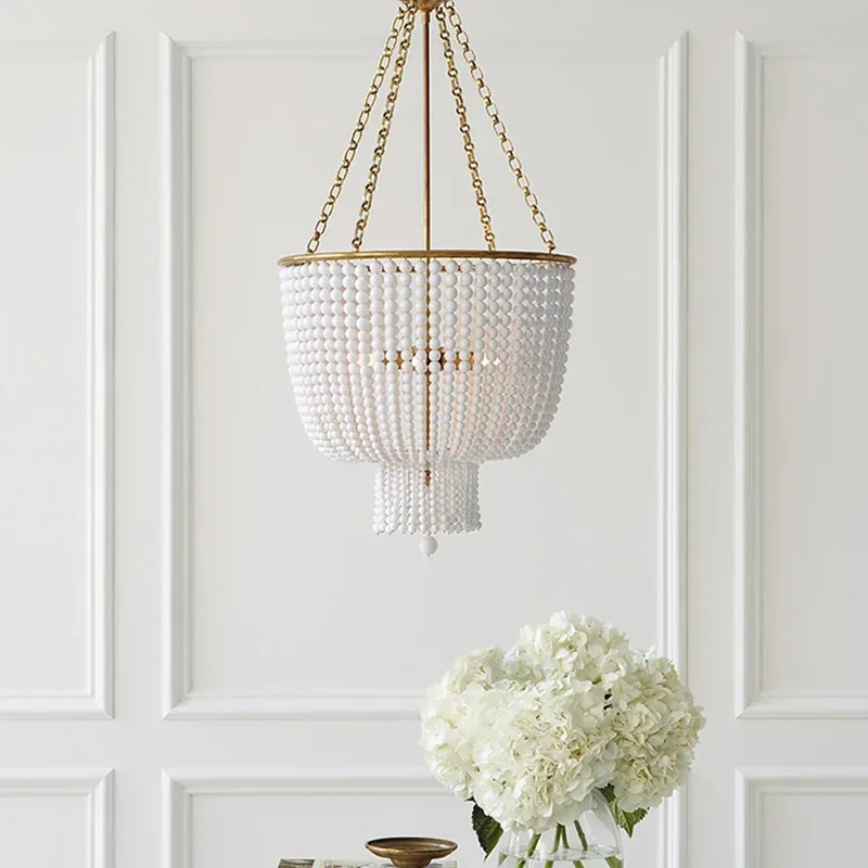 

Modern retro round E14 LED living room golden/chrome chandelier transparent crystal lamp wooden bead pearl chandelier