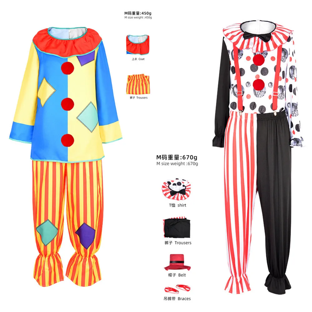 

Halloween Women Kid Jester Clown Cosplay Costume Boy Girl Purim Colorful Funny Evil Ugly Circus Fancy Dress Stage Event Costume