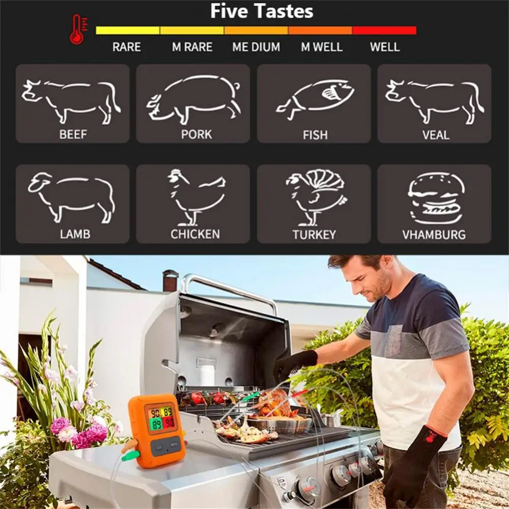 Color Screen Wireless Barbecue Thermometer Four-pin Digital Display Barbecue Food Thermometer Kitchen Oven BBQ Tools