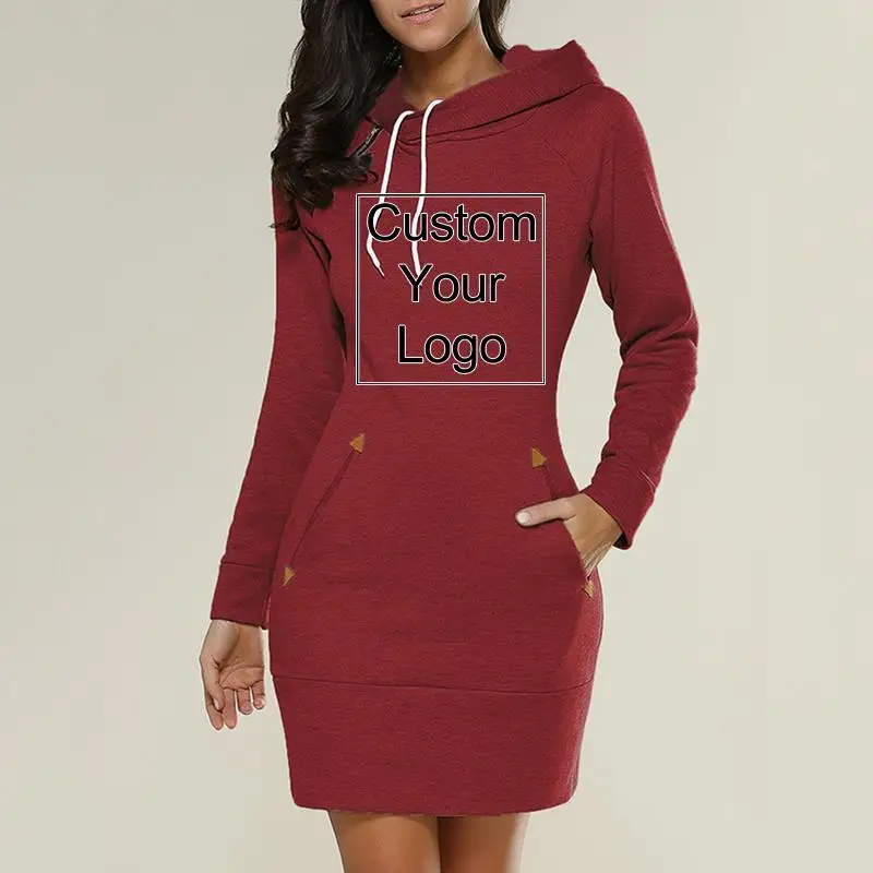 Custom Logo Spring Autumn Hooded Drawstring Women's Sweatshirt Dress Fashion Solid Pocket Package Hip Ladies Mini Dresses