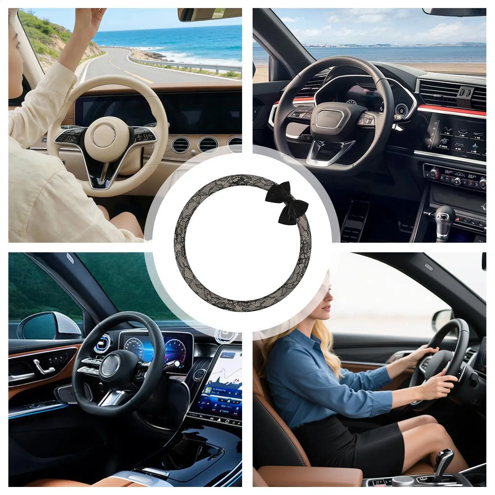 Coprivolante per Auto in Pizzo con Fiocco Carino 38cm Universale Antiscivolo Traspirante Accessori Decorativi per Interni Auto da Donna - immagine 3