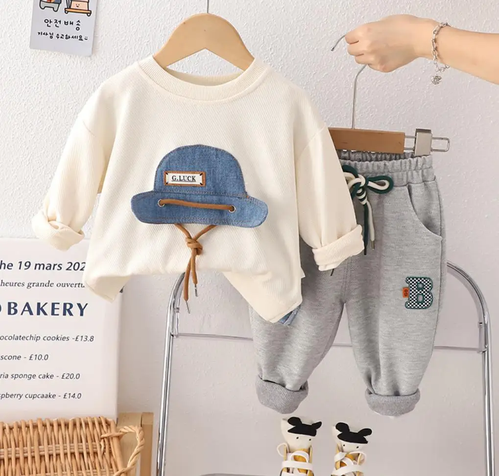 

Korean Style Fall Clothes for Kids Boys Denim Patchwork Casual Long Sleeve Hooides and Sport Pants 2Pcs Set Girls Tracksuits