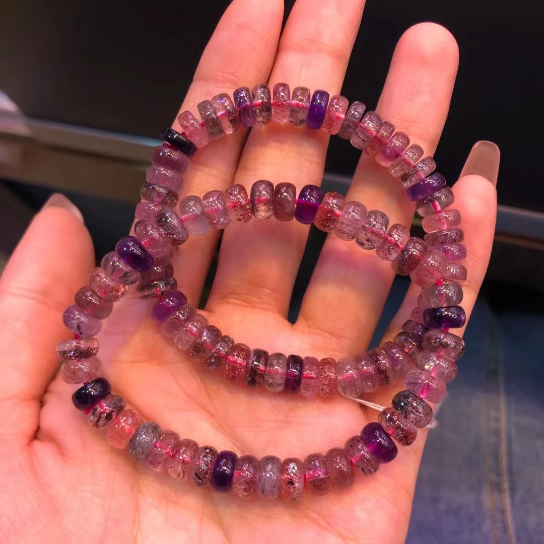 

Natural Super 7 Seven Red Lepidocrocite Quartz Bracelet Jewelry 7.5mm Woman Men Rutilated Quartz Clear Abacus Beads AAAAAAA