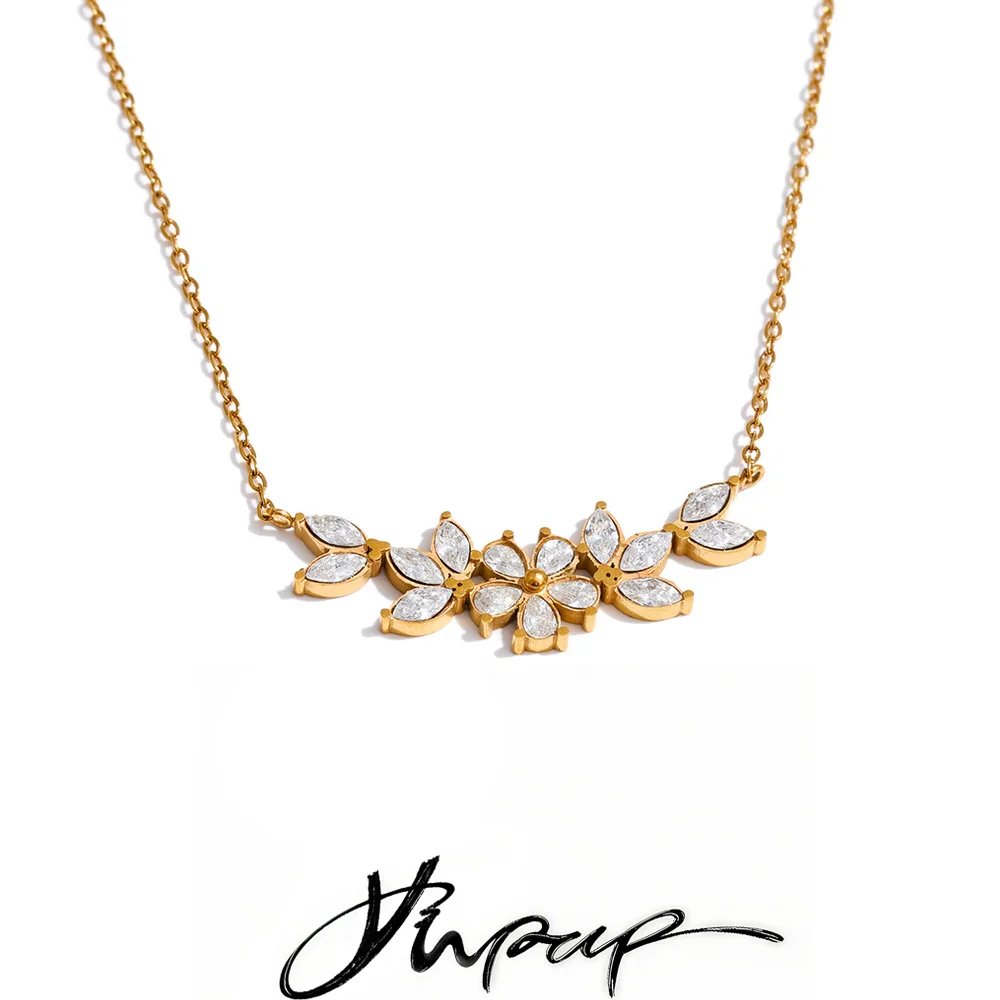 Yhpup Stainless Steel Shiny Cubic Zirconia Pendant Necklace 18K Gold PVD Plated