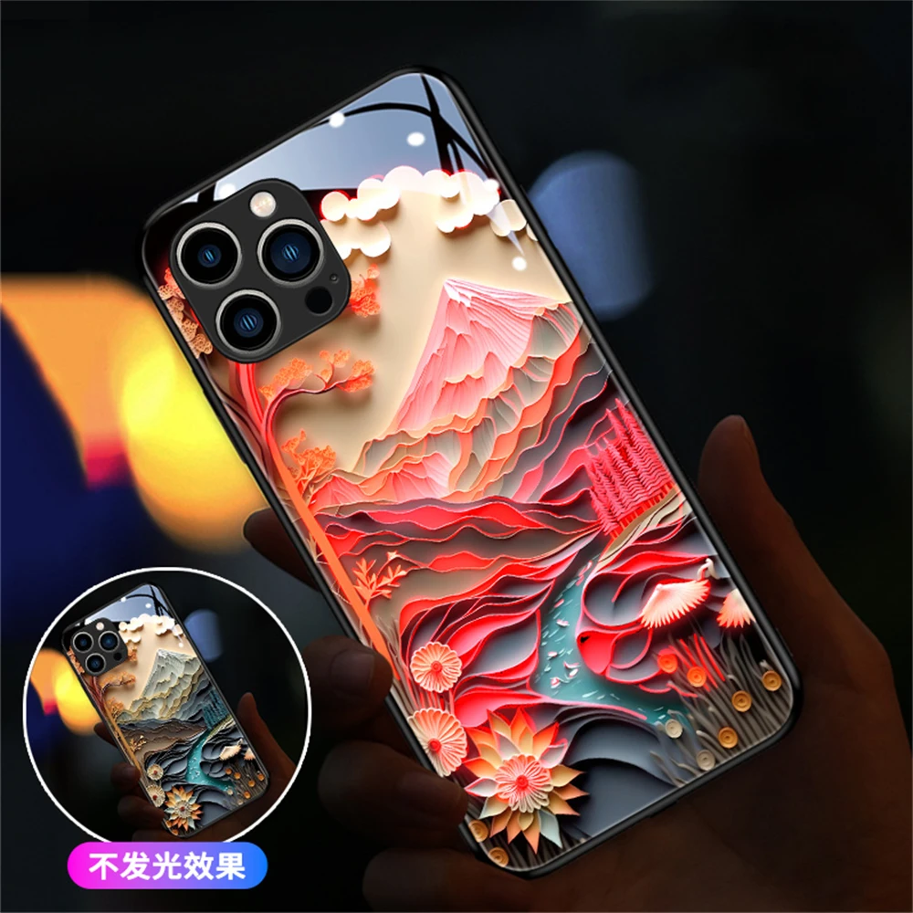 

Pretty Mount Fuji Luminous Glass LED Phone Case For Samsung S24 S23 FE S22 S21 S20 Note 10 20 Plus Ultra Calling Light Up Cover