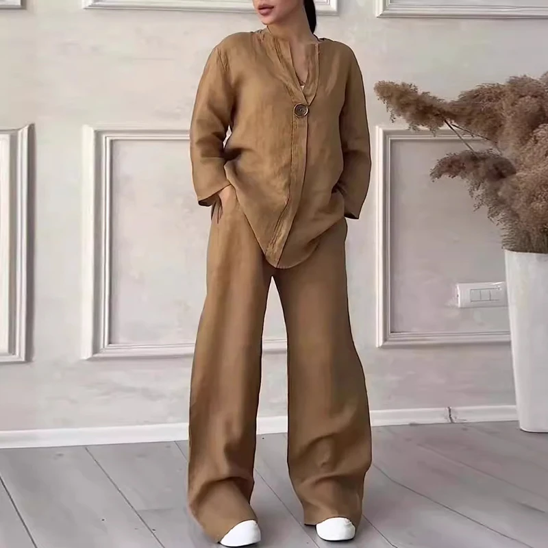 

Удобный Повседневный однотонный комплект из хлопка и льна, весенний топ на одной пуговице с V-образным вырезом и брюки с широкими штанинами, женский наряд, летний свободный костюм с коротким рукавом