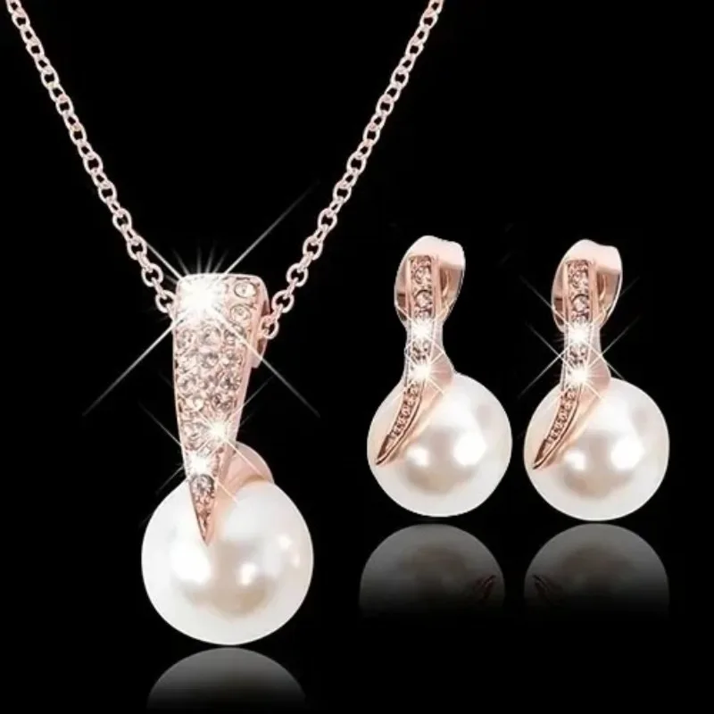 Delysia King 3pcs jewelry set Women Trendy Pearl Earrings Necklace Jewelry Set Superior Quality Rhinestones Bride Party Earring