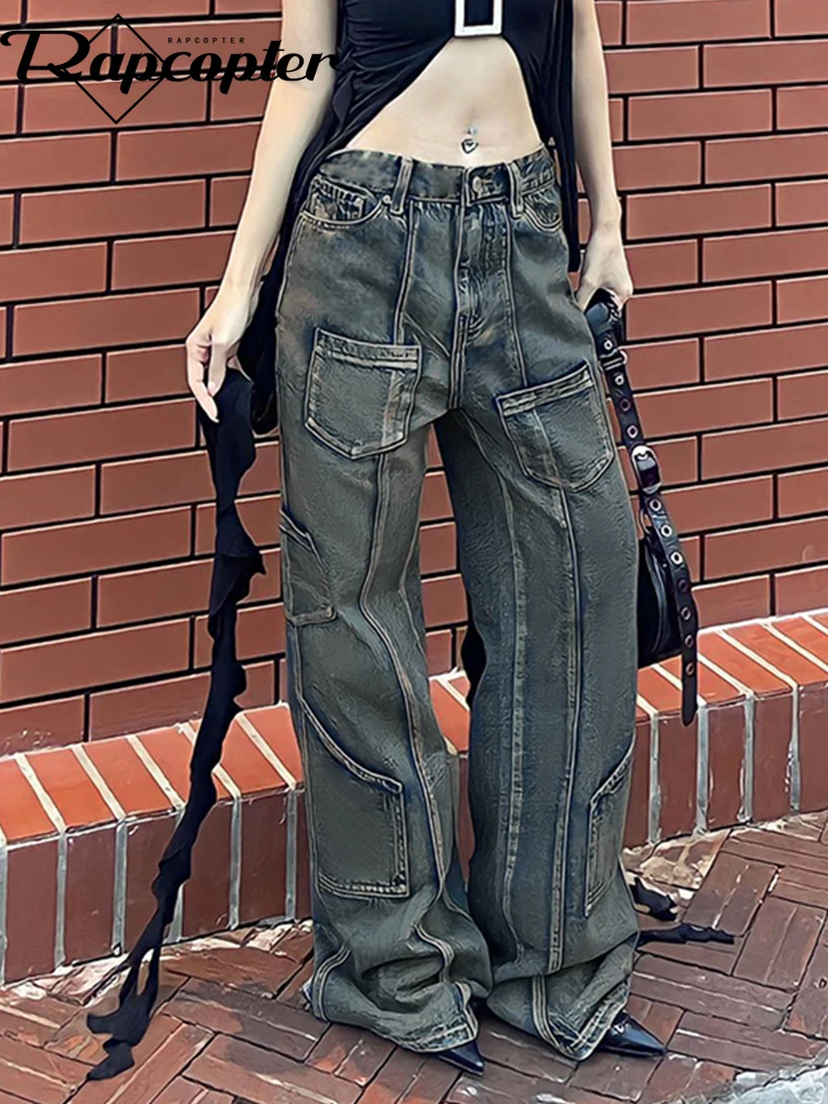 

Rapcopter Grunge Pockets Cargo Jeans Low Waisted Tie Dye Vintage Trousers Women Streetwear Korean Aesthetic Jeans Punk Hippie