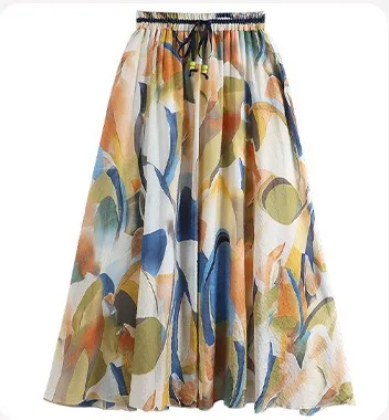 

2022 Summer Women Retro High Waist Chiffon Skirts Womens Beach Woman Skirt Fashion Streetwear Skirt Floral Print Maxi Skirt
