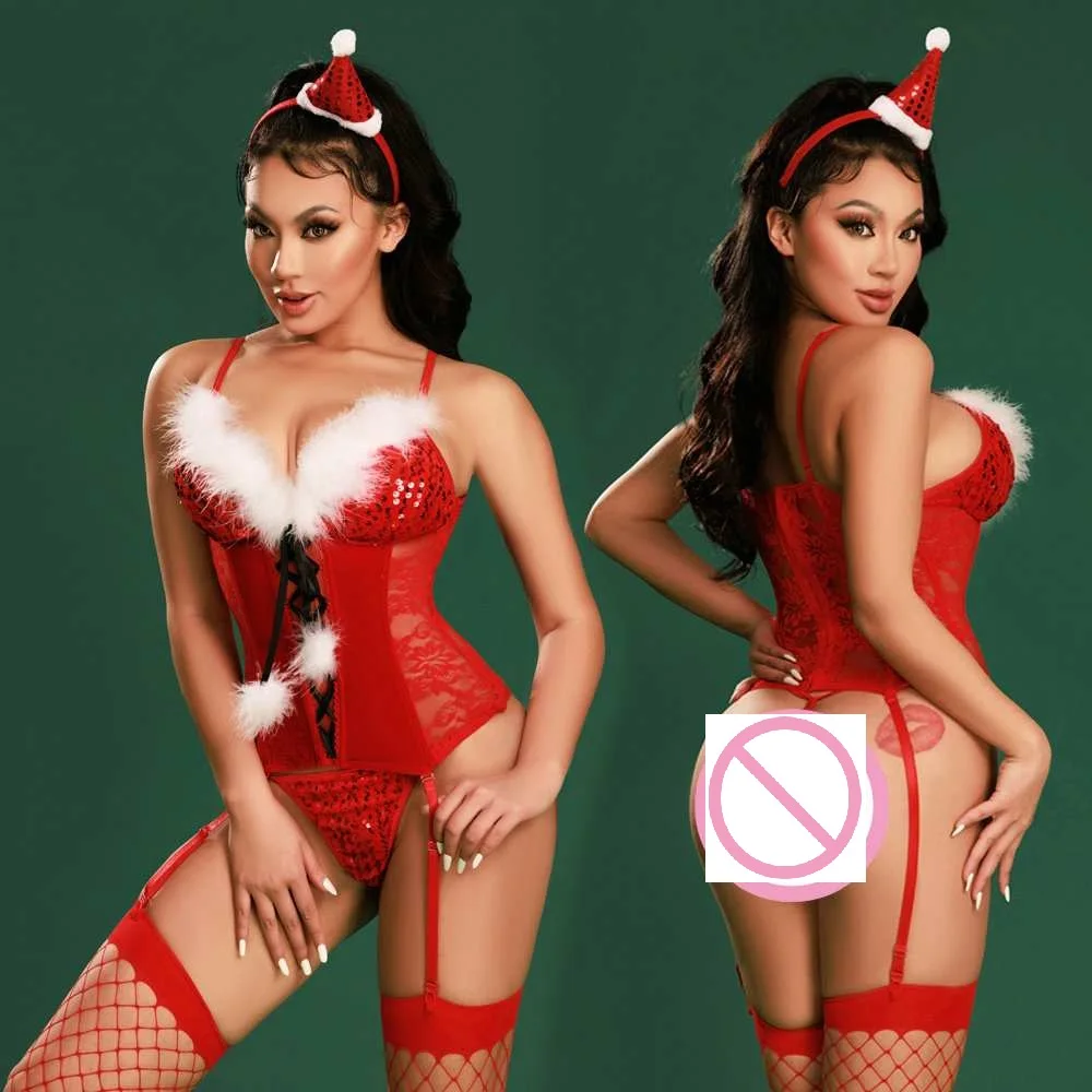 

New Arrivall Women's Sexy Spaghetti Strap Red Lingerie Underwear Lace Christmas Party Cosplay Bodysuit Xmas Night Fliter Wear