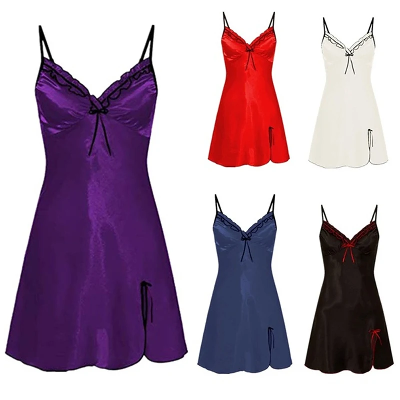 Women Sexy Sleepwear Lace Silk Satin Night Dress Sleeveless Nighties V-neck Nightgown Plus Size Nightwear women lingerie women lingerie set women nightgowns women nightdresses sleeping dress