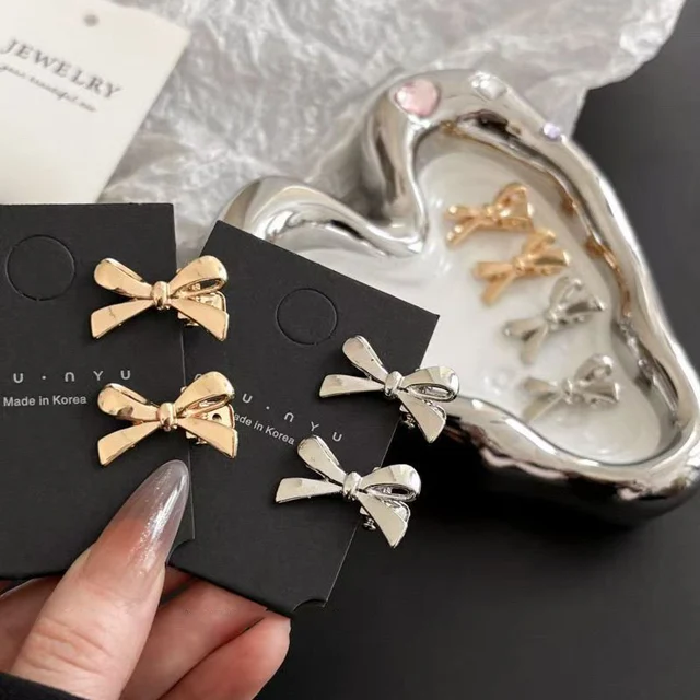 4pcs/Set Golden Silver Color Bow Mini Hairpins for Women Sweet Cool Girl Bangs Barrettes Duckbill Side Clip Hair Accessories