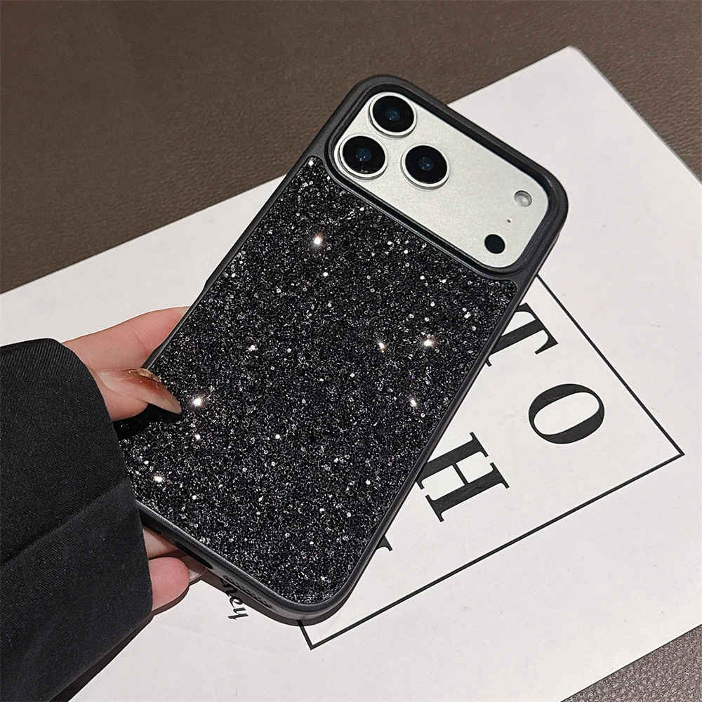 Luxury Glitter Bling Silver Black Phone Case with Camera Bumper and Shockproof Protection