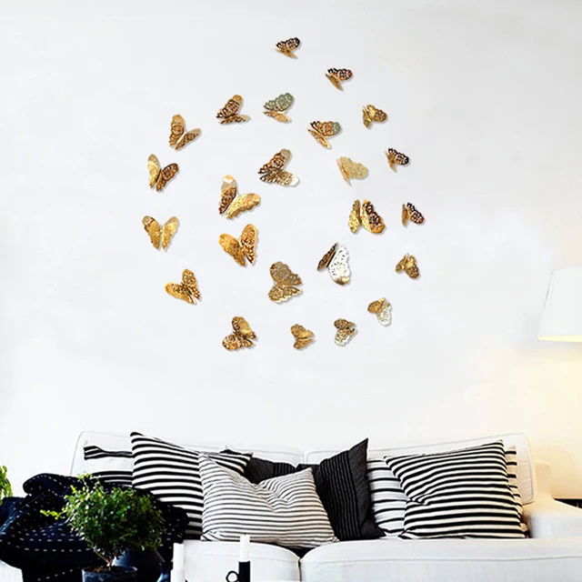 12Db/Set 3D -S Falmatrica Üreges Pillangó Ezüst Arany Esküvői Dekoráció Otthoni Nappali Pillangók Matrica Matricák - Image 6