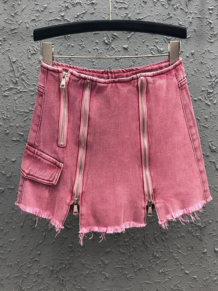 

New Individualized Denim Fabric Anti Glare Zipper Patch Skirt Women's Summer Solid New High Waist Streetwear Wrapped Hip Skirt