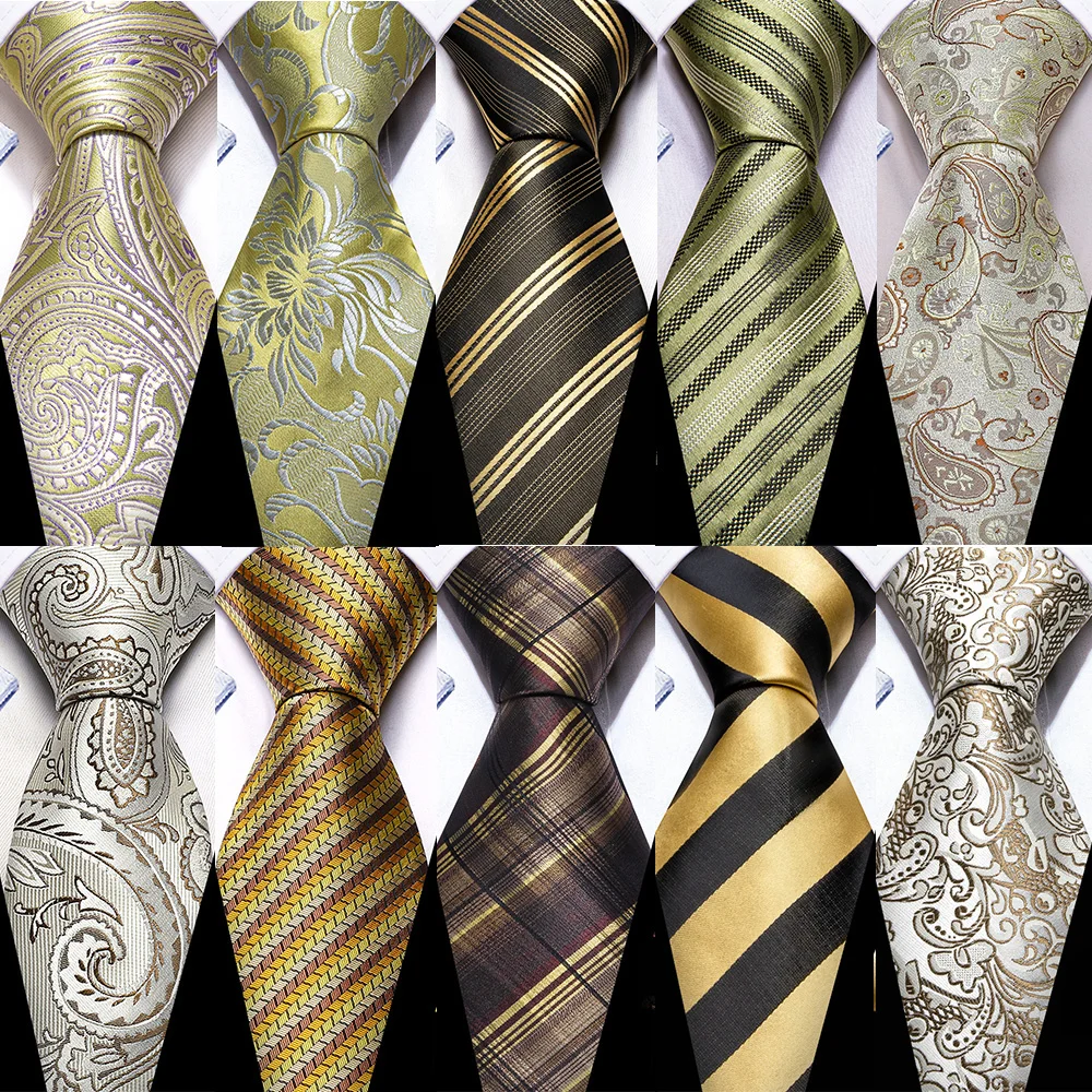 

Barry.Wang Champagne Silk Necktie For Men Classic Jacquard Paisley Handkerchief Cufflinks Sets Wedding Party Business Designer