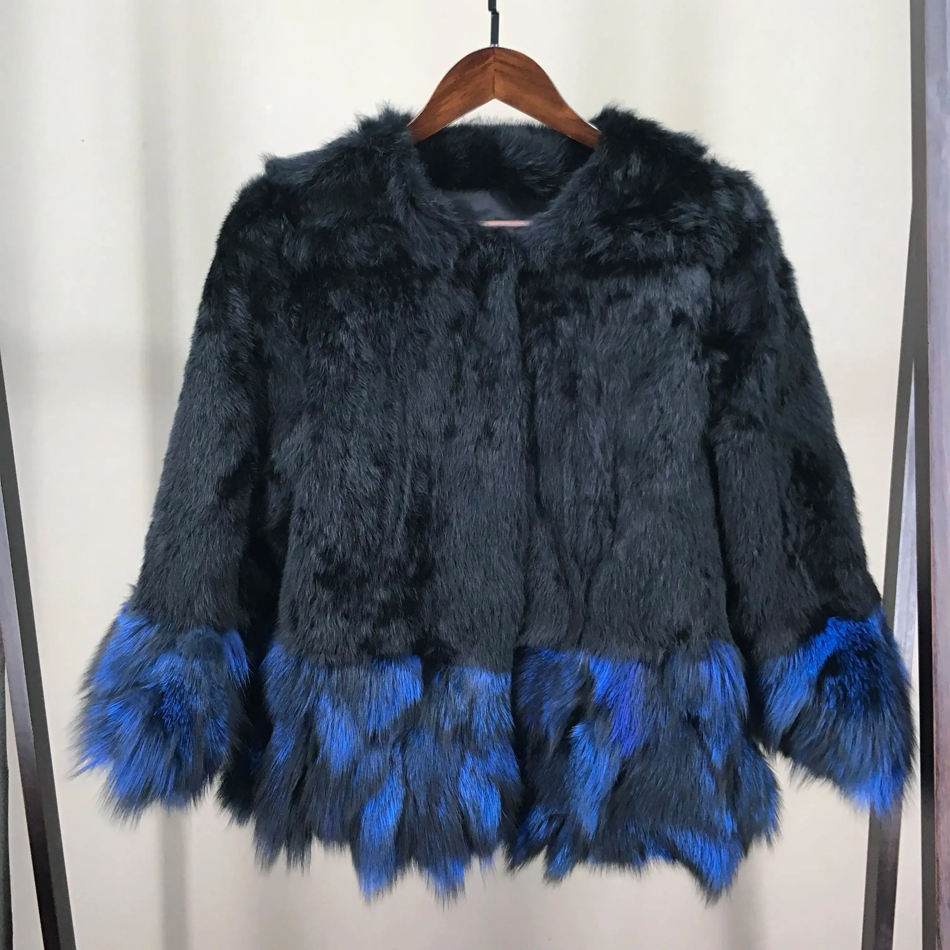 Natural Rabbit Fur Short Coat Jacket Whole Skin Fox  Patchwork Cuffs Woman Fashion Thick Warm 2023 Autumn Winter Clothes B230607
