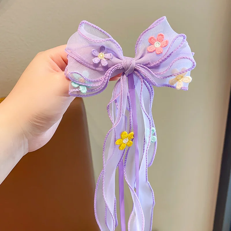 Children Sweet Flower Bowknot ornament Hair Clips Baby Girls Lovely Silk  Ribbon Ornament Colorful Hairpins Kids