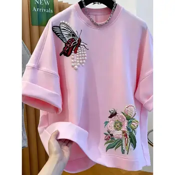 Original Heavy Industry Flower Butterfly Embroidered Pearl Beaded Short Sleeve T-shirt Women's European Style Luxury Fashion Top 1