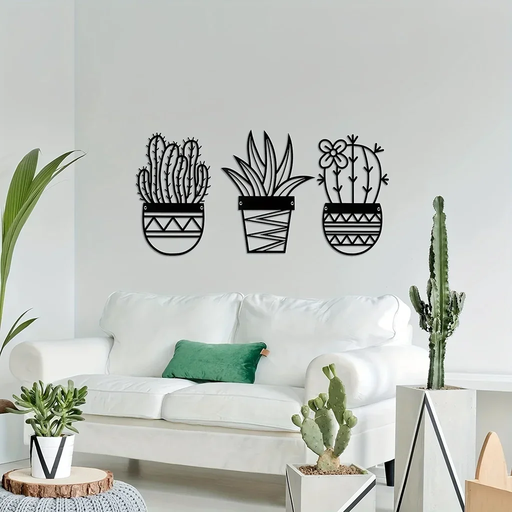 

CIFBUY Decoration 3 PCS Cactus Metal Home Art Natural Themed Metal Wall Mounted Decor Plant Modern iron Wall Art Black Metal Mo