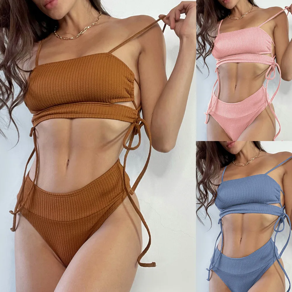 

Fashion Bikini Textured Swimwear Women High Cut Swimsuit Sexy Women Bathing Suits Solid Brazilian Bikinis Set