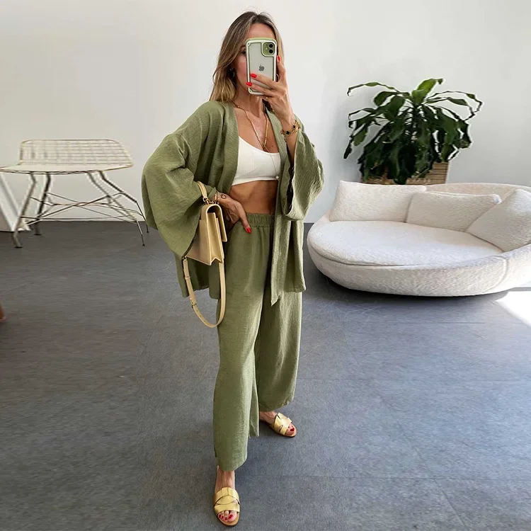 2023 Spring and Summer Fashion Casual New Cotton and Linen Suit Cardigan Long-sleeved Top Pocket Wide-leg Trousers Two-piece Set