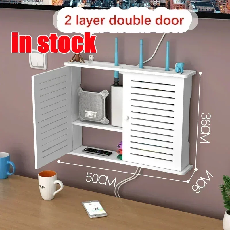 Scatola Porta Router In Legno 2 Strati - Mobiletto Monta Parete Per WiFi, Cavi E Ciabatte
