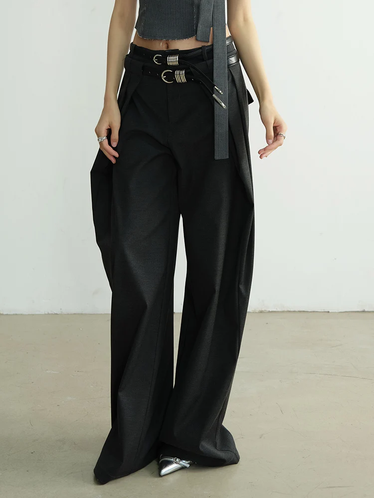 [EAM] High Elastic Waist Black Pleated Ruffles Long Wide Leg Pants New Trousers Women Fashion Tide Spring Autumn 2026 1DH8255