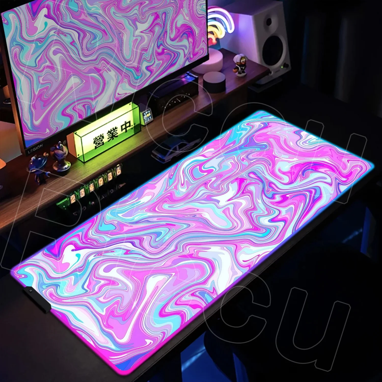 Enhanced RGB XXL Black and White Strata LED Desk Mat - Oversized Liquid Fluid Mousepad