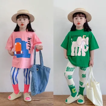 봄 소녀 티셔츠 레깅스 정장, 공주 캔디 컬러 매치 여름 반팔 아기 휴가 선샤인 비치 정장