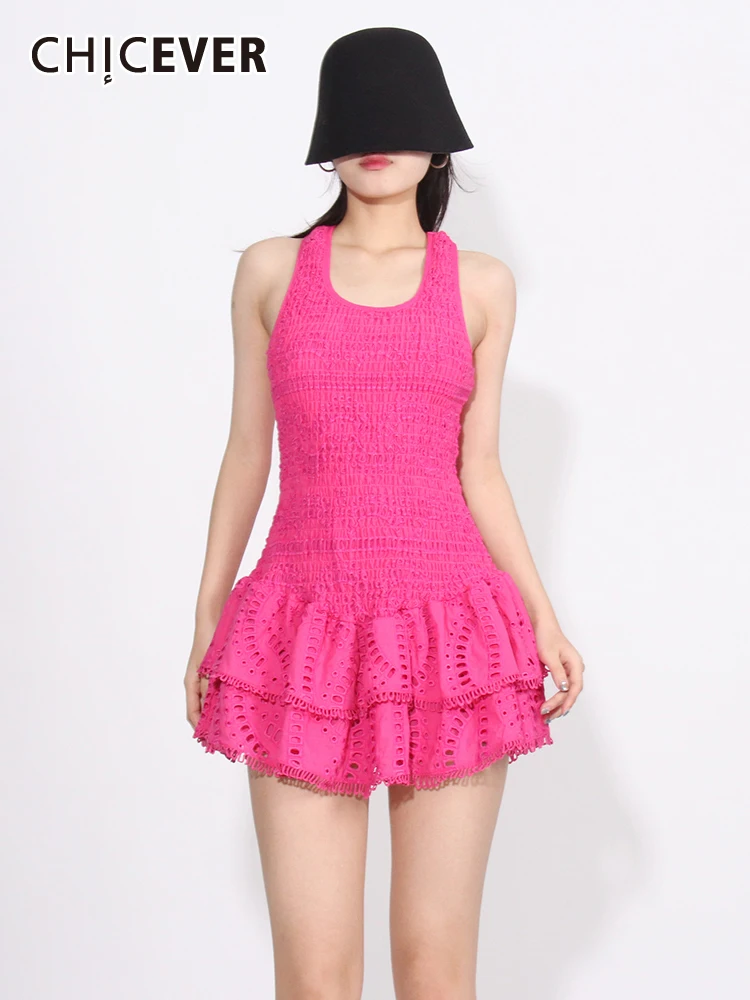 

CHICEVER Patchwork Ruffles Dresses For Women Square Collar Sleeveless High Waist Solid Folds Summer Mini Sundress Female 2024